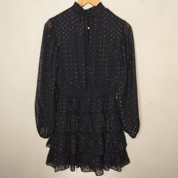 Express Black Chiffon Tiered Mini Dress Long Sheer Sleeve - Picture 10 of 13